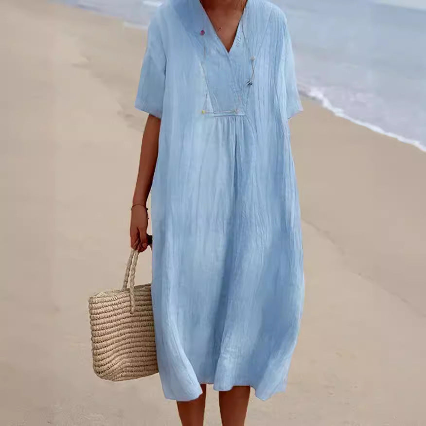 Women's Casual Slimming Pure Colour Linen Cotton Dress, Versatile and Fashionable