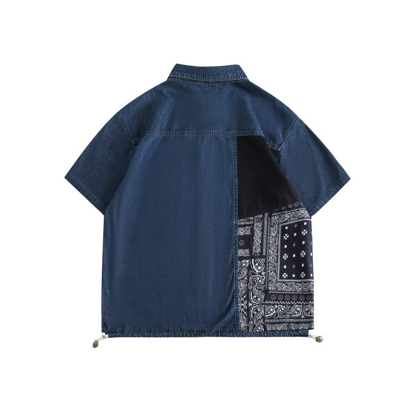 Cashew flower spliced washed workwear denim shirt