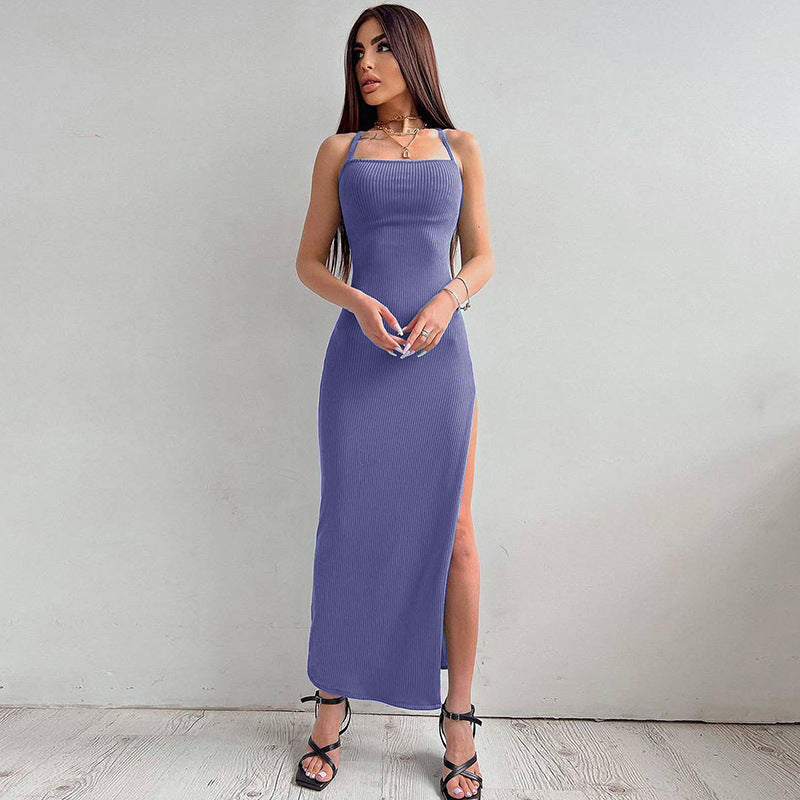 Casual vacation style strappy backless solid color long skirt