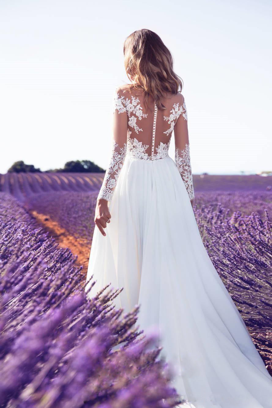 Long Sleeve Sheer Lace Wedding Bridesmaid Dress with Slit Long Skirt