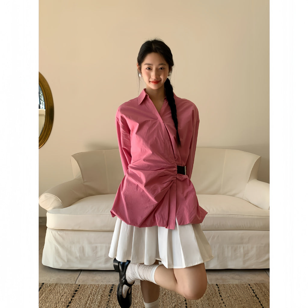 Women's waist-cinched long-sleeved shirt