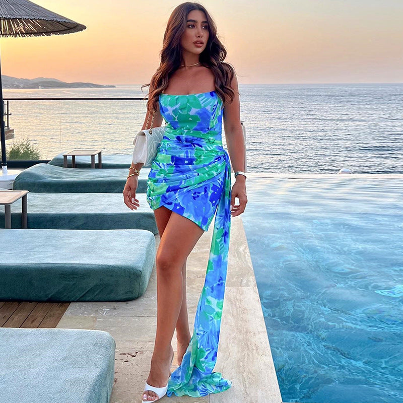 One-Shoulder Printed Sleeveless Pleated Dress
