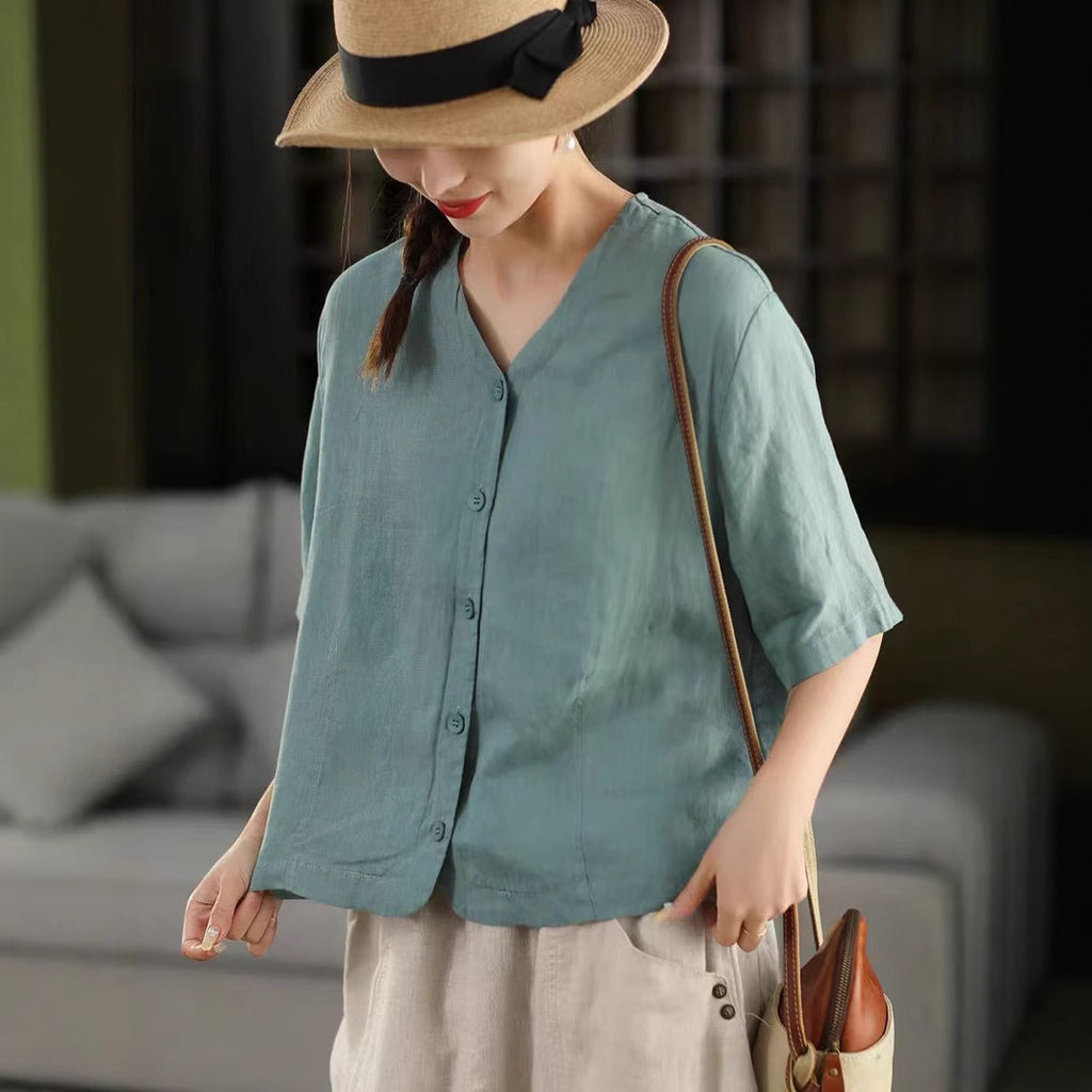 Vintage Thick Hemp Shirt V-Neck Mid-Sleeve Single-Breasted Jacket Casual Open Cardigan Top