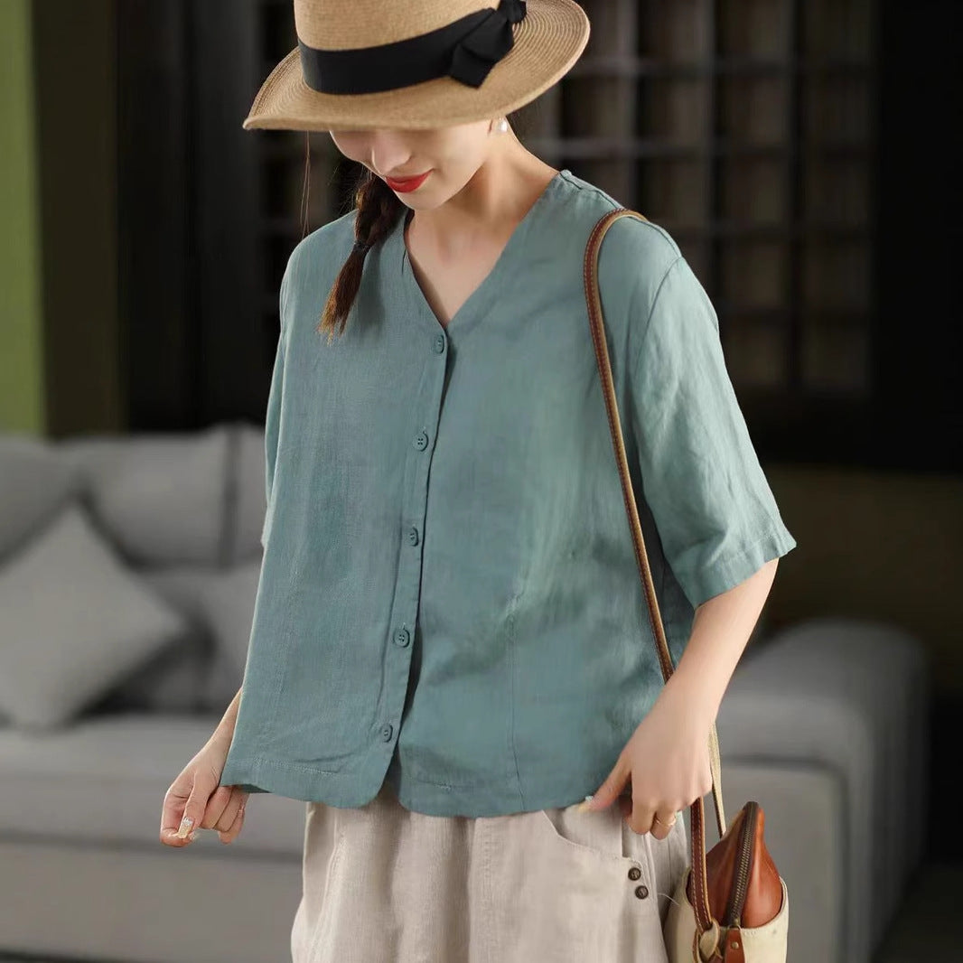 Vintage Thick Hemp Shirt V-Neck Mid-Sleeve Single-Breasted Jacket Casual Open Cardigan Top