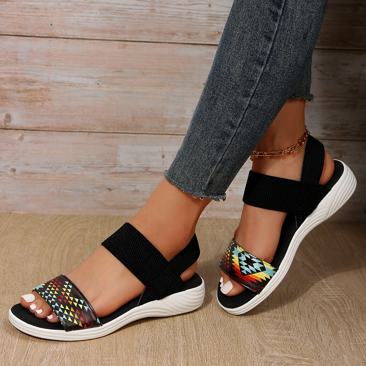 Elasticated striped fish-mouth flat casual shoes