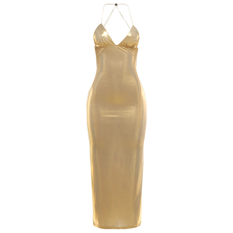 Elegant Bright Color Ice Silk V-Neck Sexy Backless Fitted Dress
