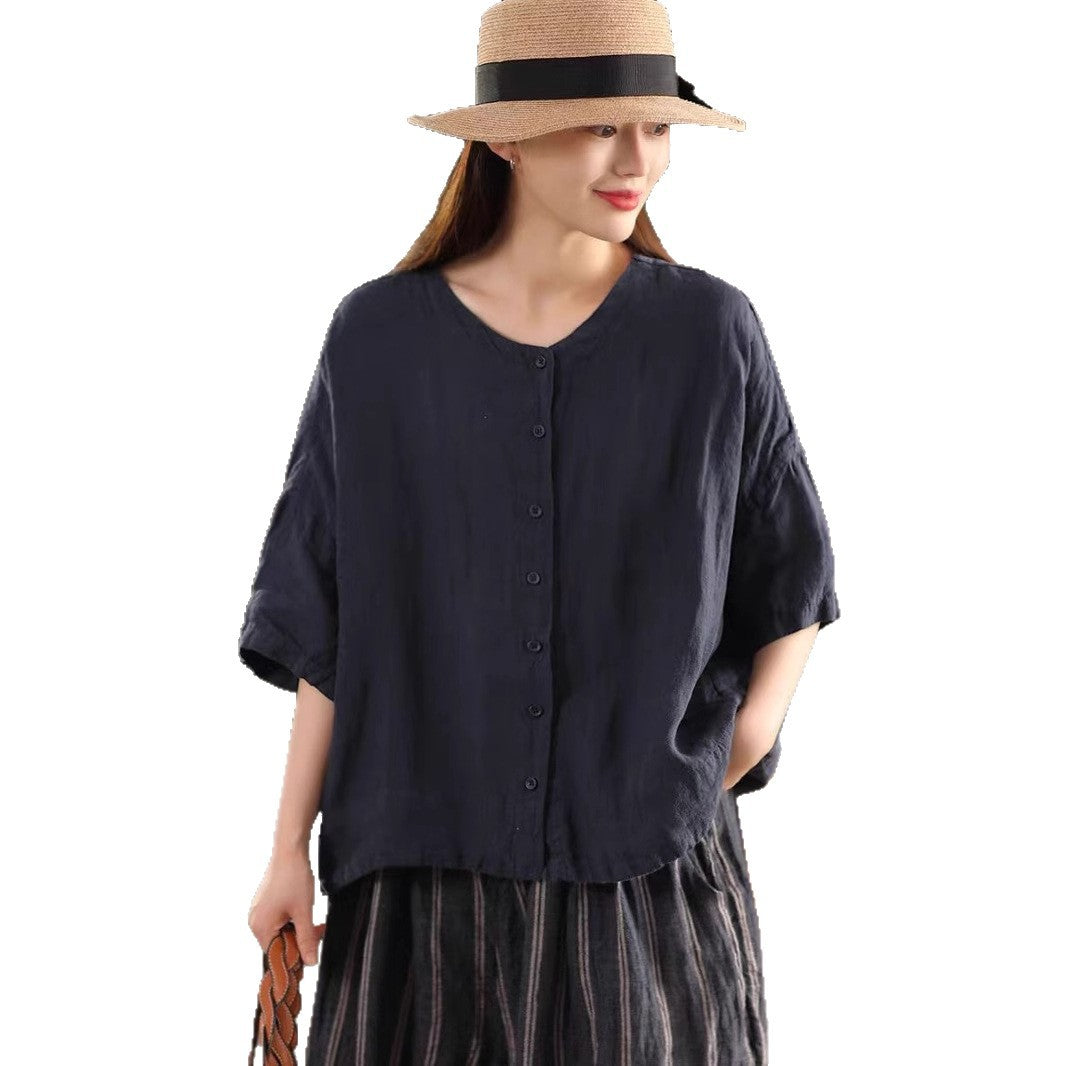 Vintage Thick Linen Mid-Sleeve Shirt Women's Elegant Single-Breasted Blouse Literary Solid Color Top