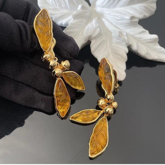 Retro style leaf tassel ear clip without ear hole earrings and earrings