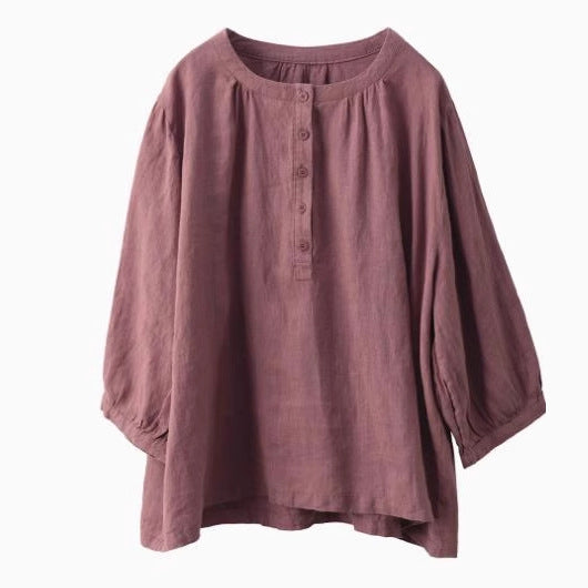 Vintage Sand-Washed Linen Blouse Women's Elegant Round Neck Three-Quarter Sleeve Loose Pullover Top Summer
