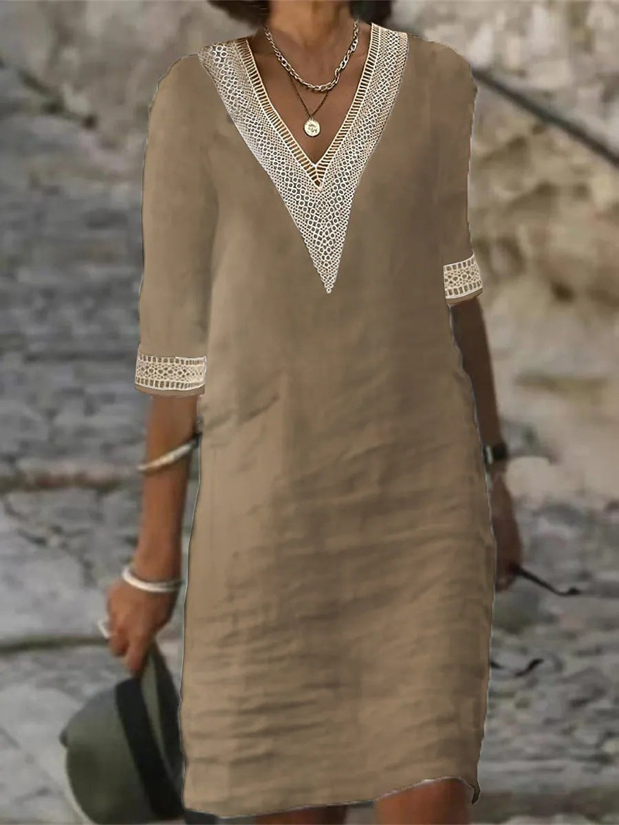 Elegant Pure Color V-Neck Mid-Sleeve Linen Cotton Dress for Women