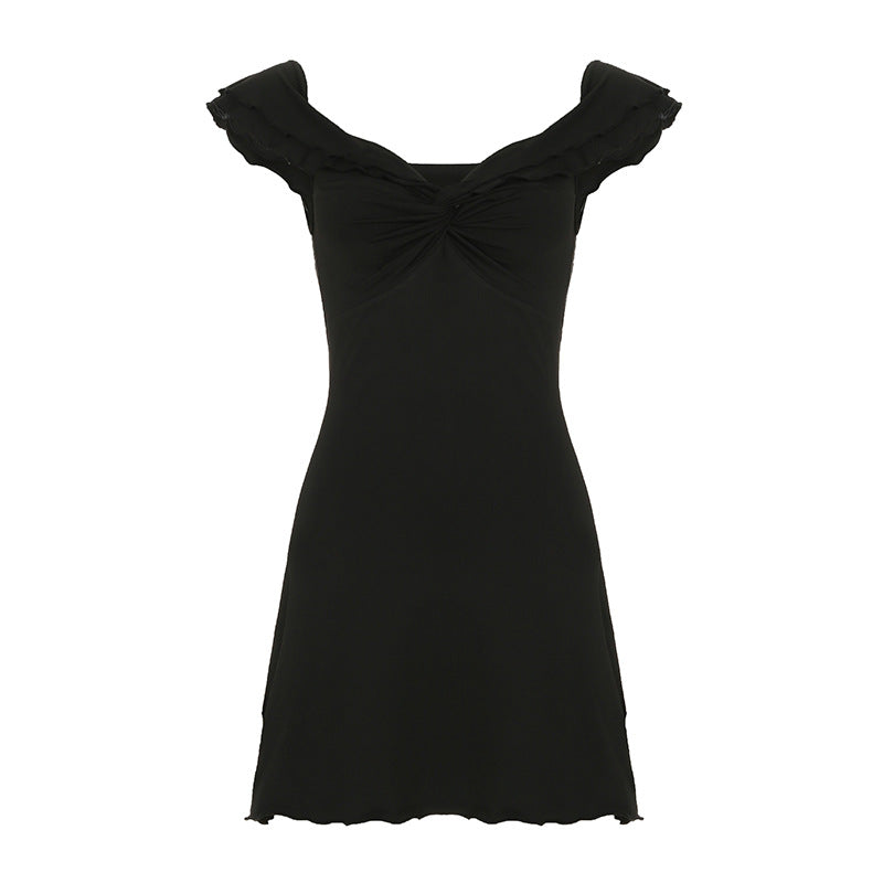 Sweet and Cool Style Ruffled V-Neck Bust Pleated Dress with Sexy Shoulder-Baring Design