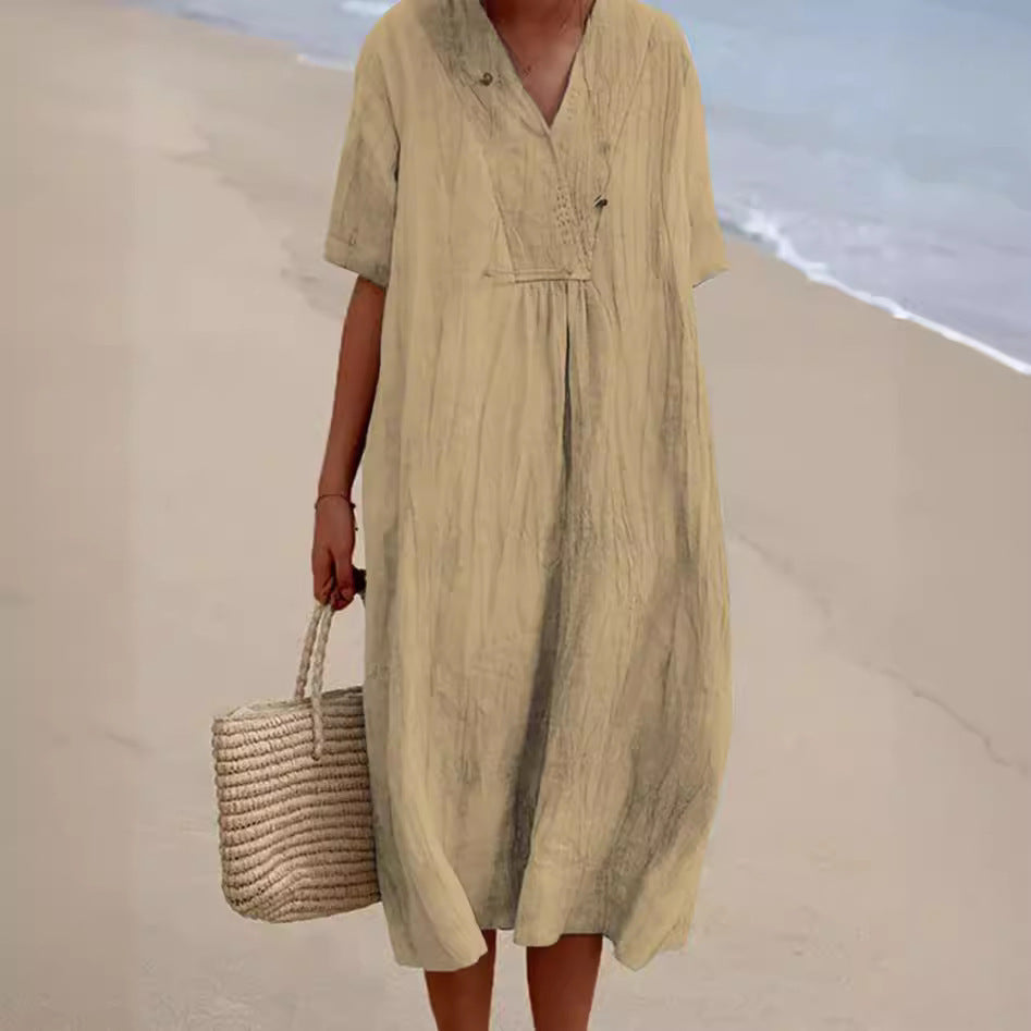 Women's Casual Slimming Pure Colour Linen Cotton Dress, Versatile and Fashionable