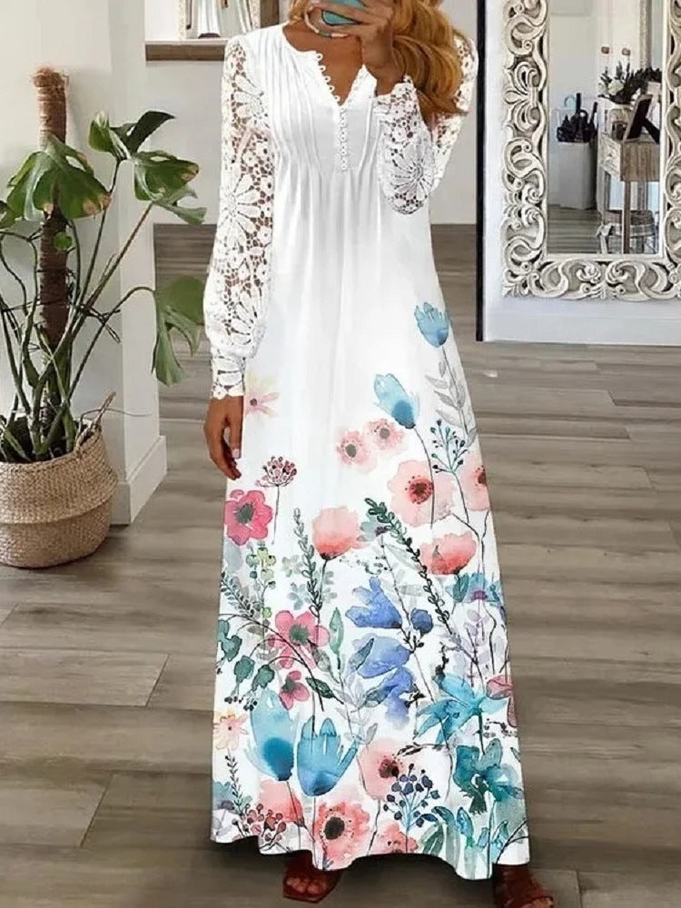 Fashion Printed Ruffle Long Sleeve Dress for Women Casual Summer Style Elegant Floral Design, One-Piece Dress