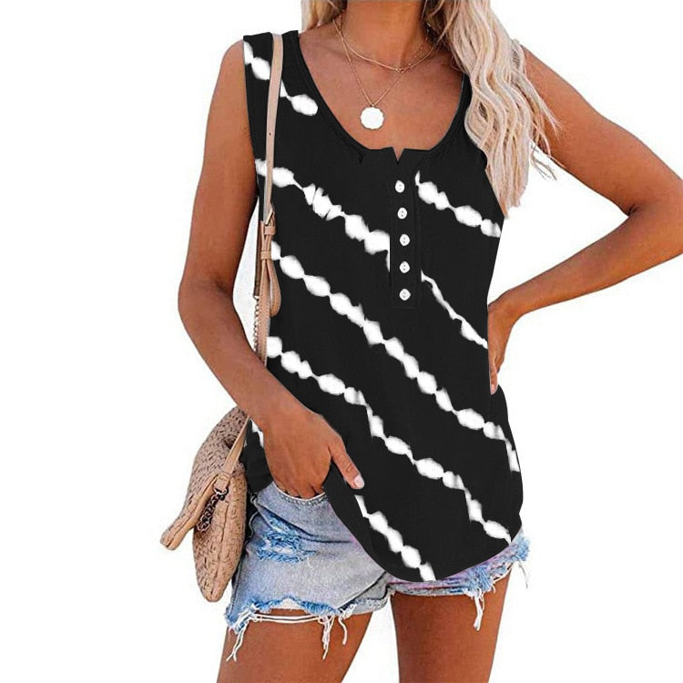 T-shirt women new summer comfortable leisure inclined stripe T-shirt sleeveless collar buttons stripe tshirt MYJ168128