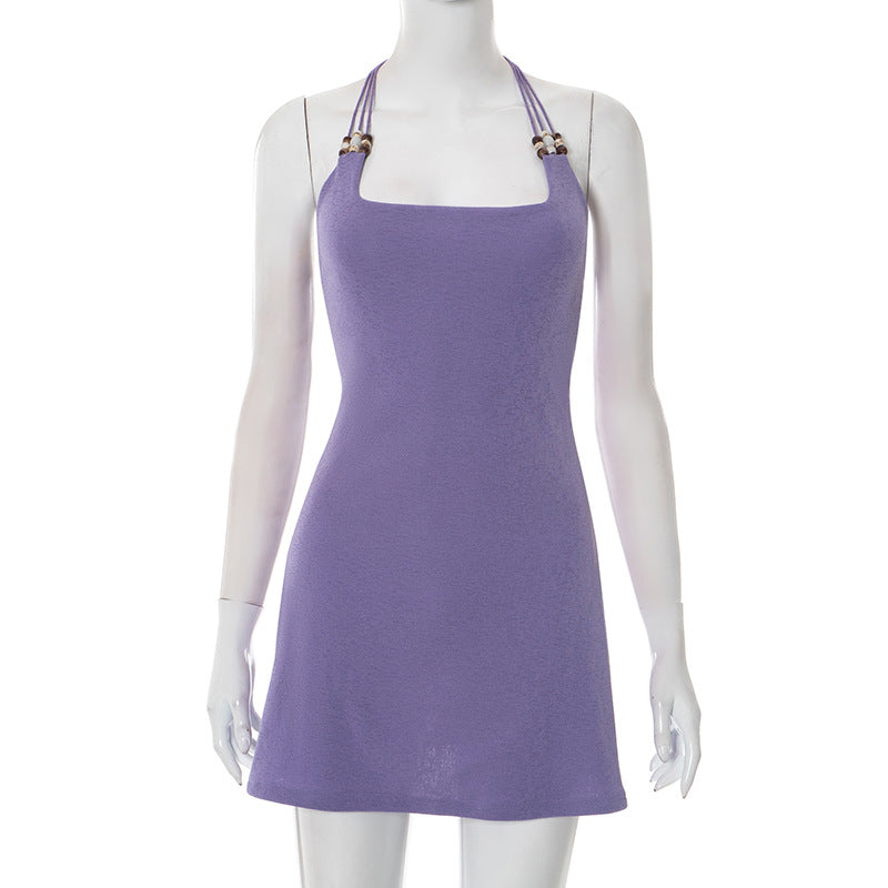 Solid color beaded halter neck dress
