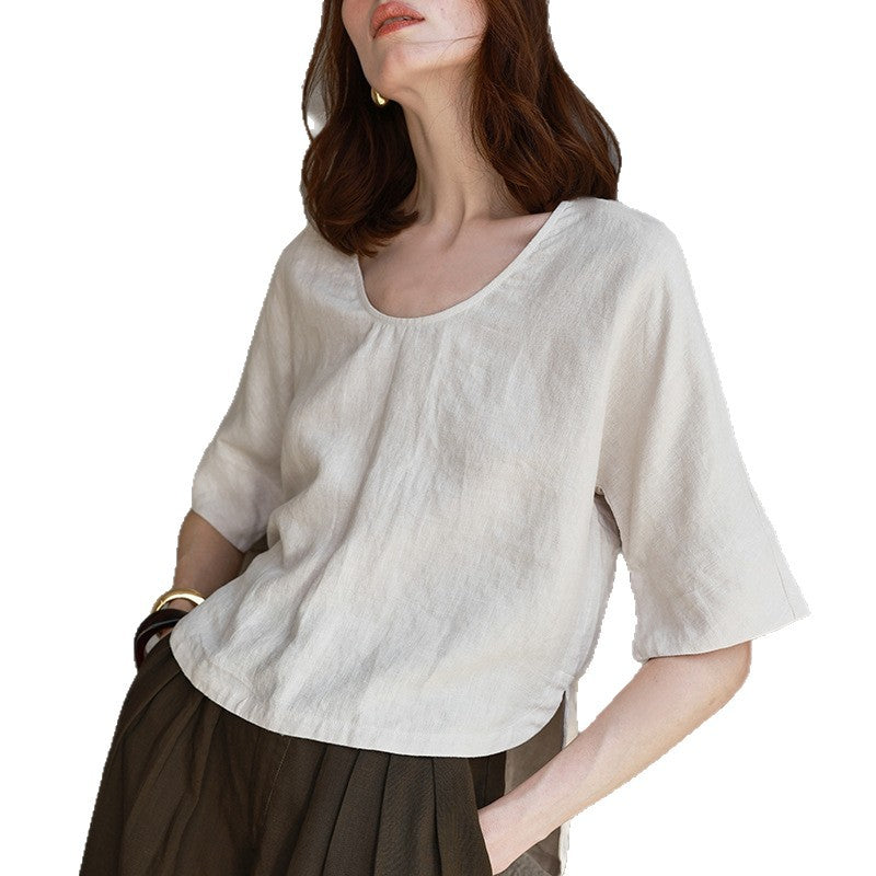 High-Grade Hemp Five-Quarter Sleeve T-Shirt for Women, Summer Cool-Feeling Mid-Sleeve Design with Asymmetric Hem Loose Top
