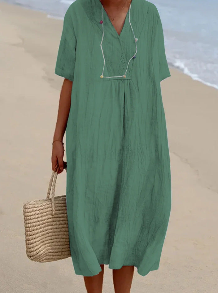 Women's Casual Slimming Pure Colour Linen Cotton Dress, Versatile and Fashionable