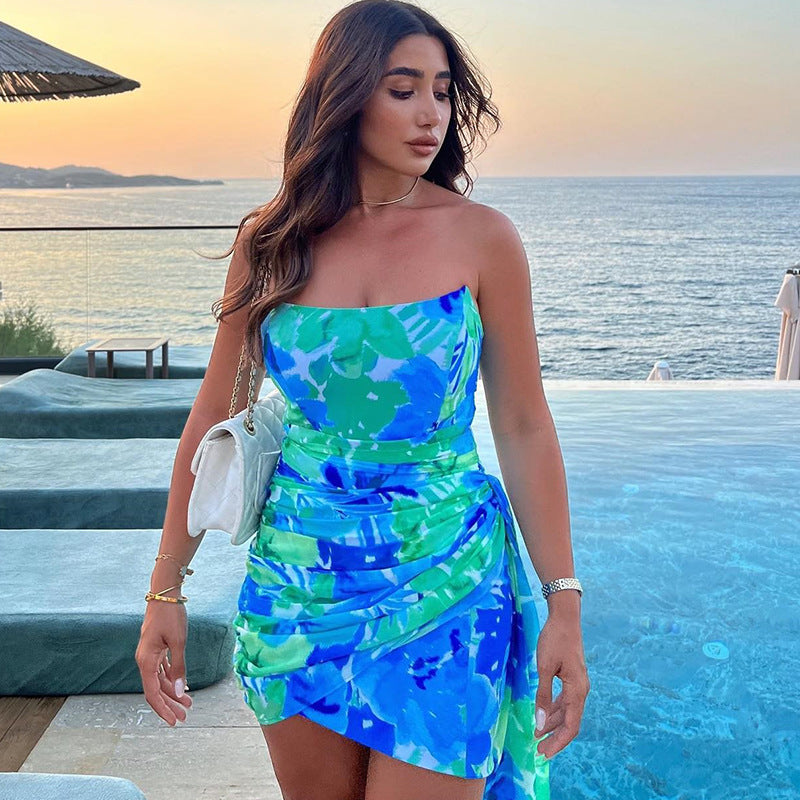 One-Shoulder Printed Sleeveless Pleated Dress