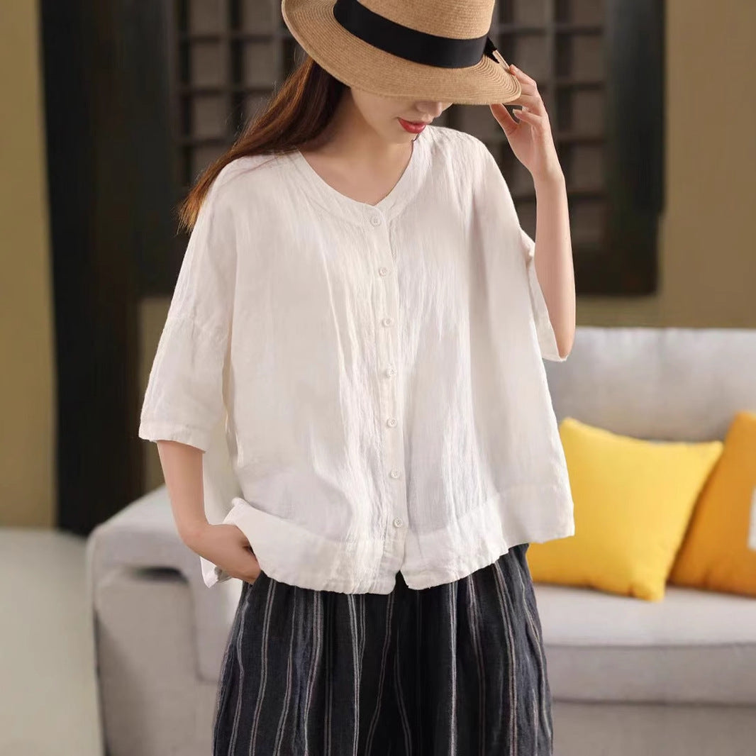 Vintage Thick Linen Mid-Sleeve Shirt Women's Elegant Single-Breasted Blouse Literary Solid Color Top