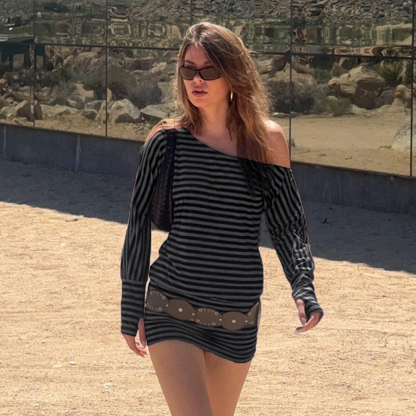 Casual Off-the-Shoulder Striped Long-Sleeved Dress Women's Design Sense Waist-Cinching Short Skirt Bodycon Dress