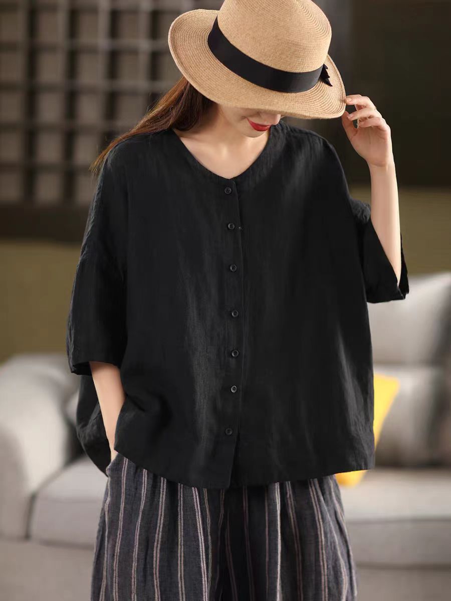 Vintage Thick Linen Mid-Sleeve Shirt Women's Elegant Single-Breasted Blouse Literary Solid Color Top