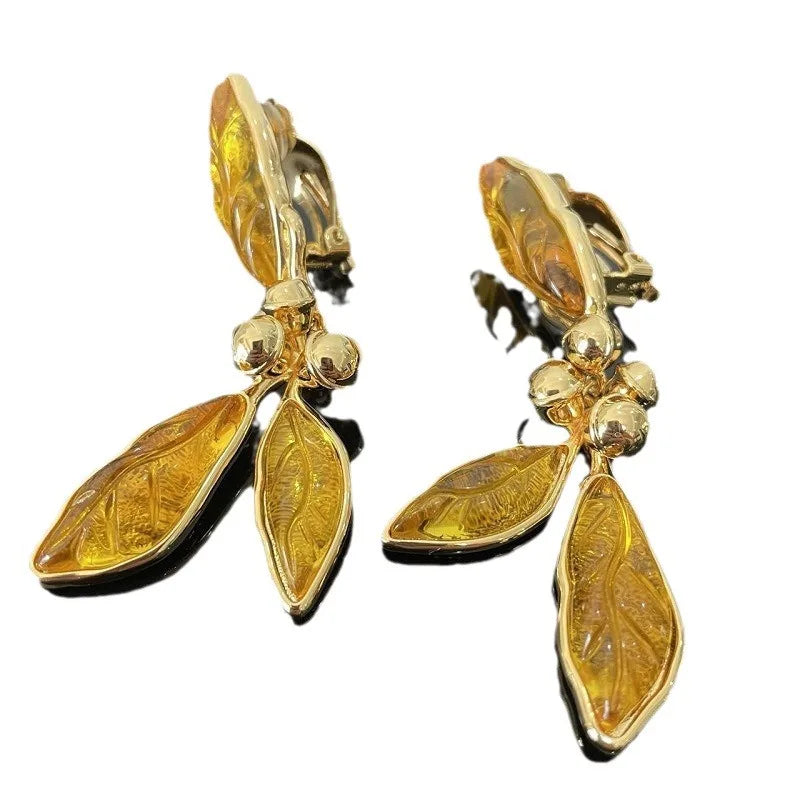 Retro style leaf tassel ear clip without ear hole earrings and earrings