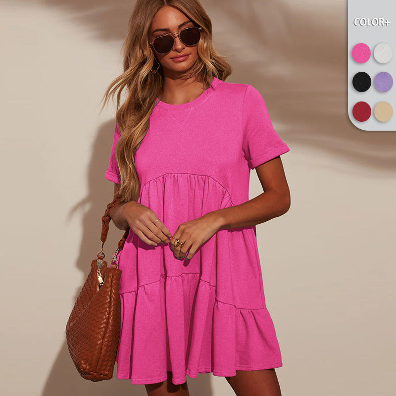 Women's  Short-sleeved Solid Color Elegant Loose Round Neck Pocket Commuter Versatile Dress