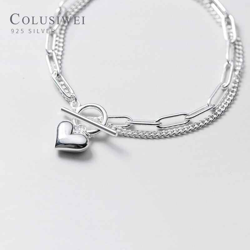 Colusiwei High-Quality 925 Sterling Silver Romantic Hearts Double Layer Chain Geometric Bracelet Bangle for Women Fine Jewelry