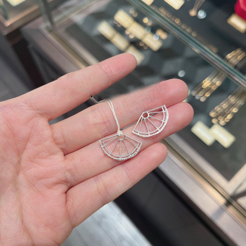Japanese Style New Lace Hollow Design Sense Silver Hollow Coin Fan Earrings Half-Circle Arc Earrings