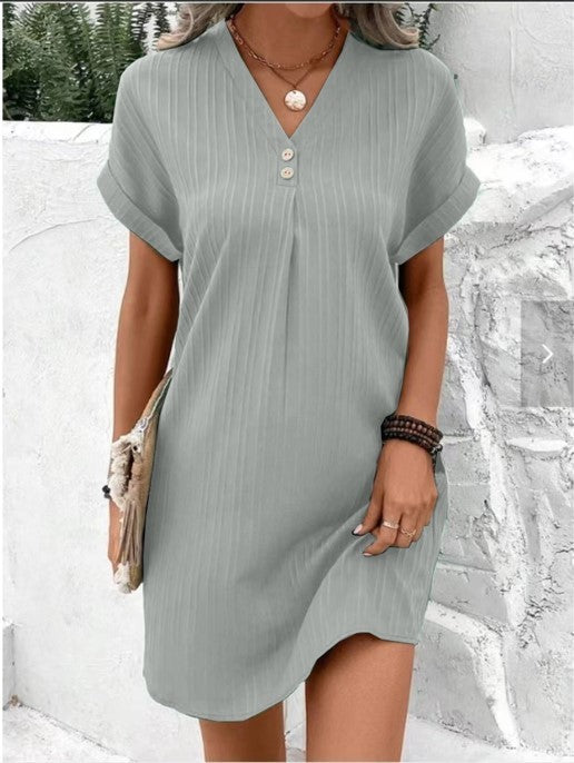 Style Solid Color Long Sleeve Buttoned A-line Casual Dress