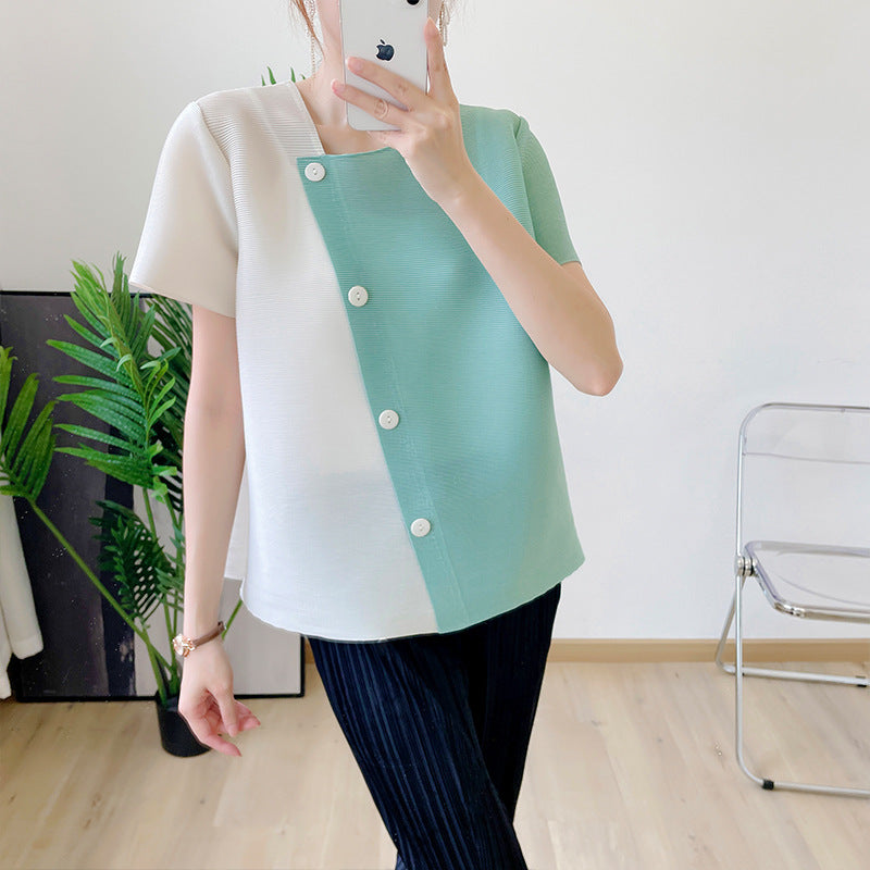 Pleated Color-Blocking Top Summer Half-Sleeved Loose Large Size Small Shirt Contrast Color T-Shirt Short Style