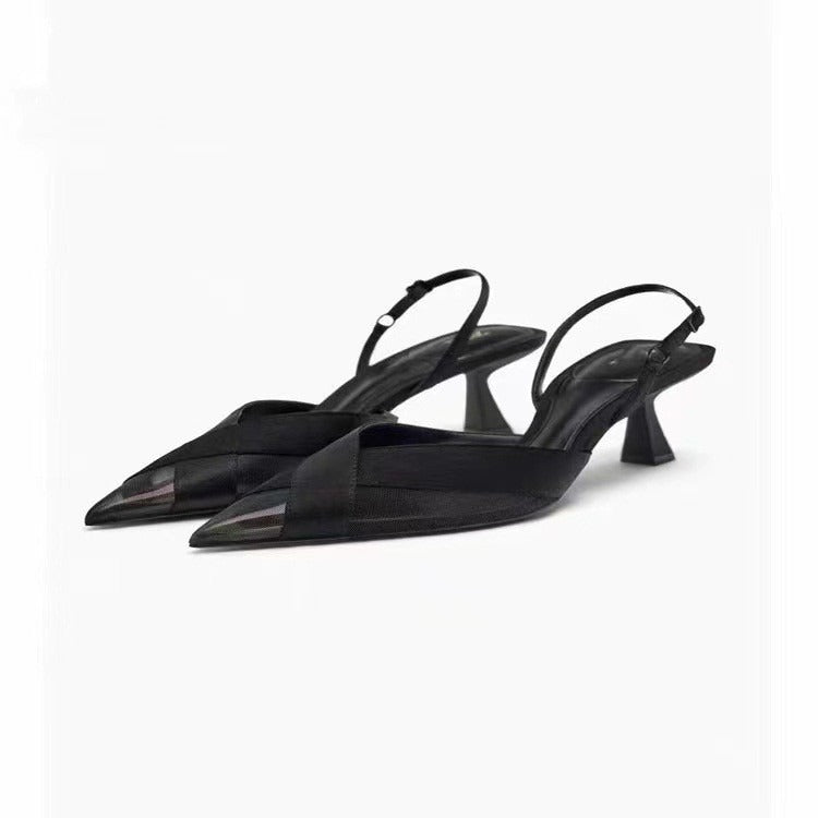 Pointed toe mesh splicing elegant high-heeled shoes, black fashionable back strap buckle elegant stiletto sandals