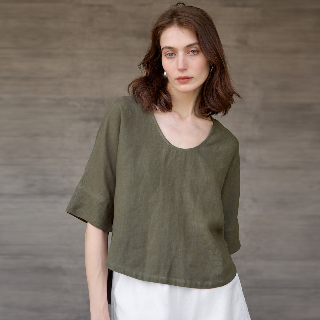 Olive Green Hemp Top Loose Large Size Five-Quarter Sleeve Women's Summer Cotton Linen Mid-Sleeve T-Shirt