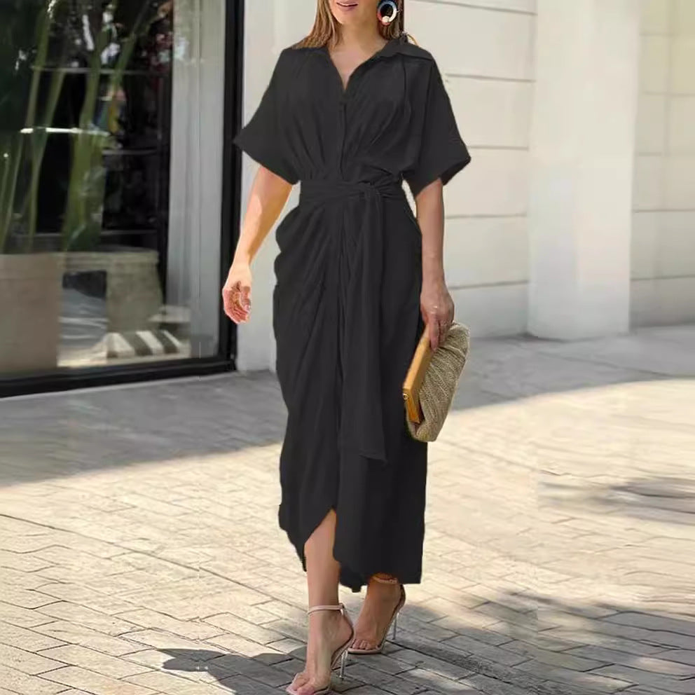 Fashionable Women's High-Waisted Single-Button Long Sleeveless Shirt Dress with Turn-Down Collar and Mid-Length Cut