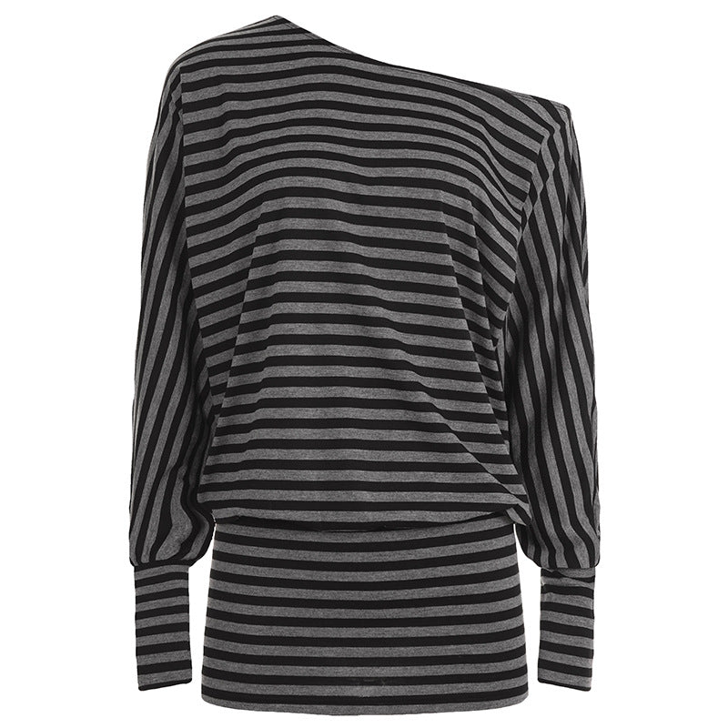 Casual Off-the-Shoulder Striped Long-Sleeved Dress Women's Design Sense Waist-Cinching Short Skirt Bodycon Dress
