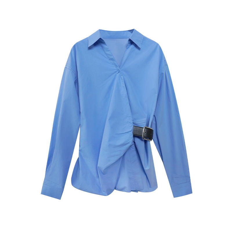 Women's waist-cinched long-sleeved shirt