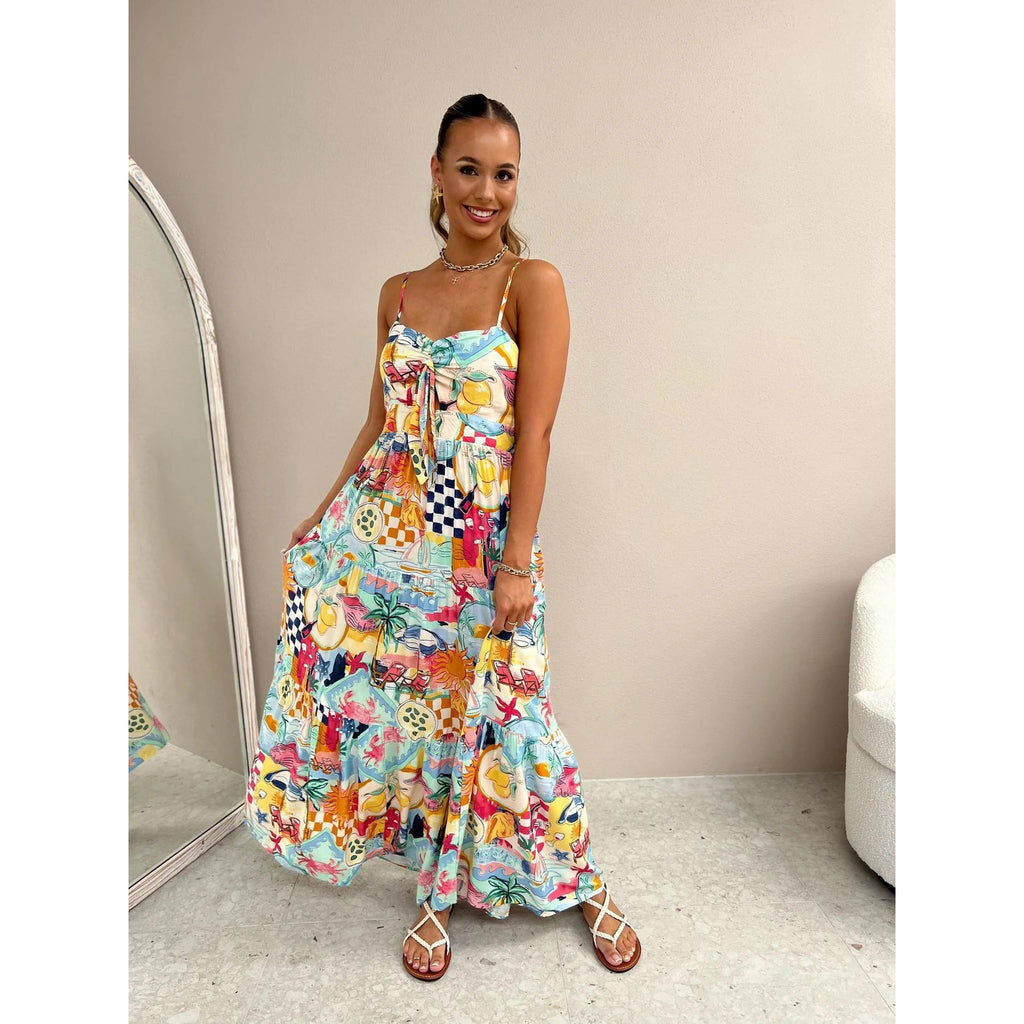 Spring and Summer New Strap Printed Dress INS Loose Vacation Casual Elastic Band Dress