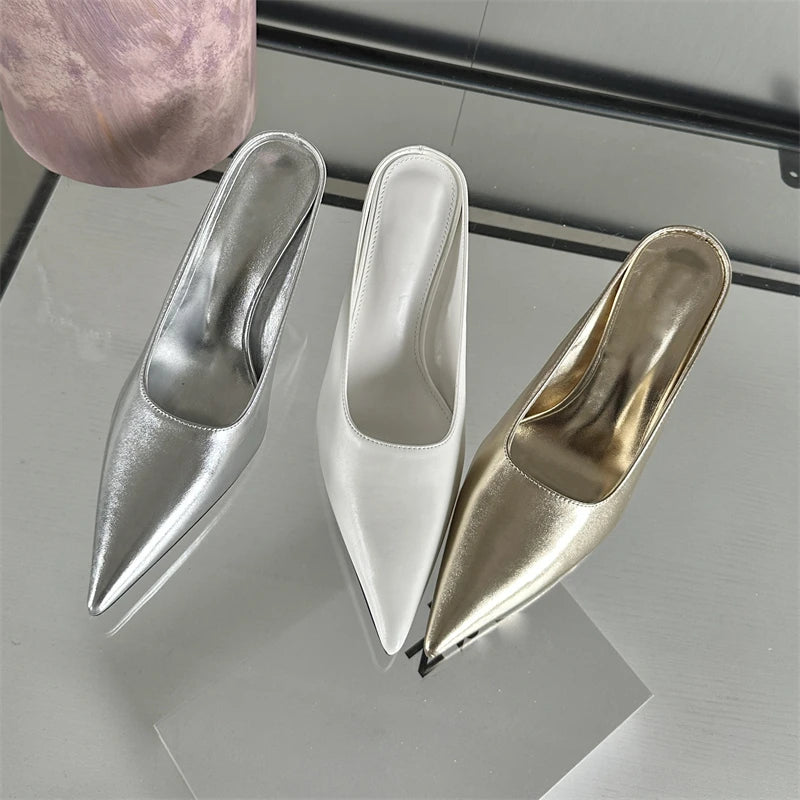 Eilyken Spring Fashion Gold Silver Pointed Toe Women Slippers Sexy Thin Heels Sandals Stripper Banquet Mule Female Shoes