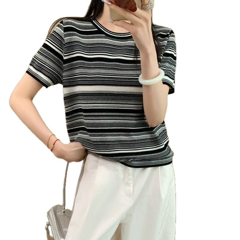 Color Block Stripe Round Neck Short Sleeve T-Shirt Women's Lyocell Tencel Knitted Top Versatile Slimming