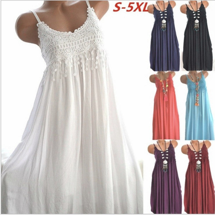 Sexy Lace Spliced Solid Color Mid-Length Strap Dress