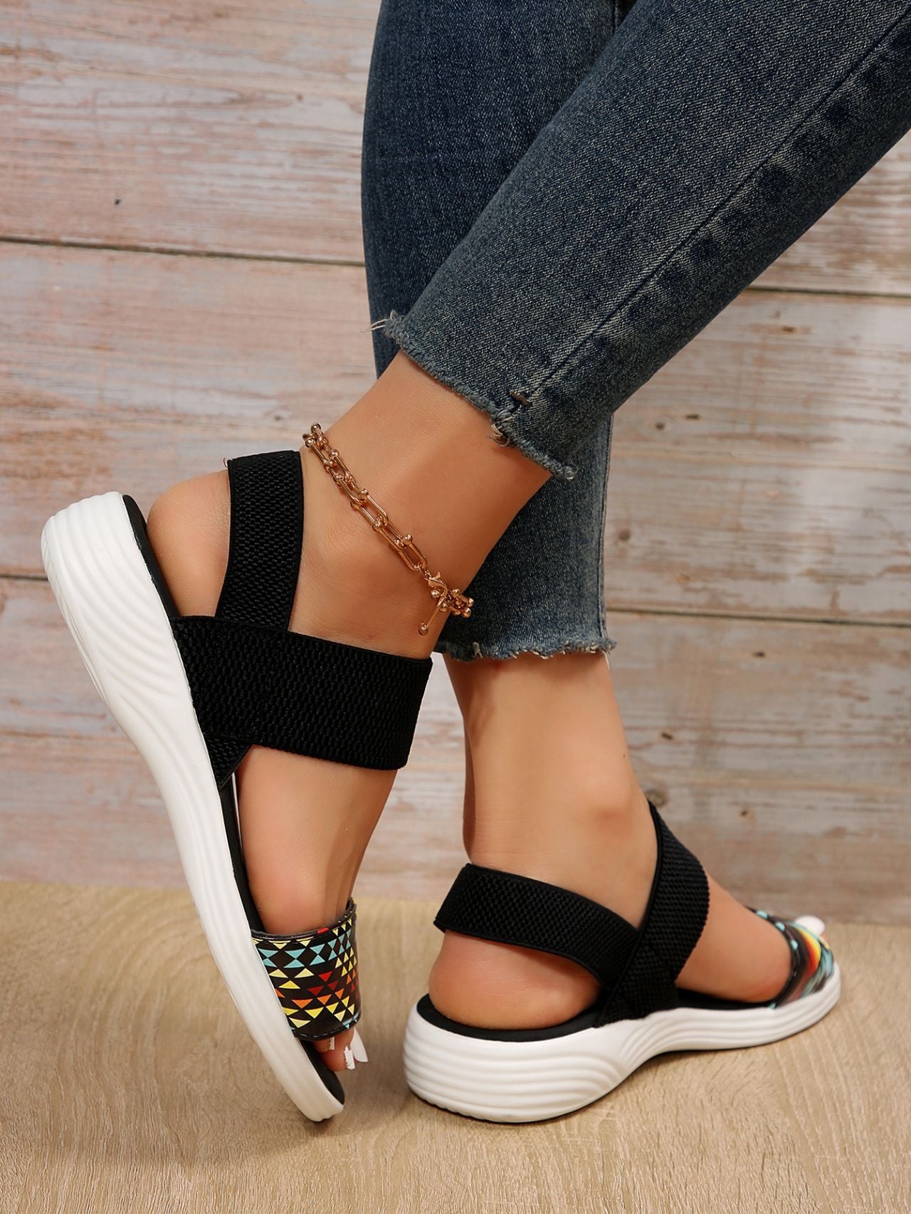 Elasticated striped fish-mouth flat casual shoes