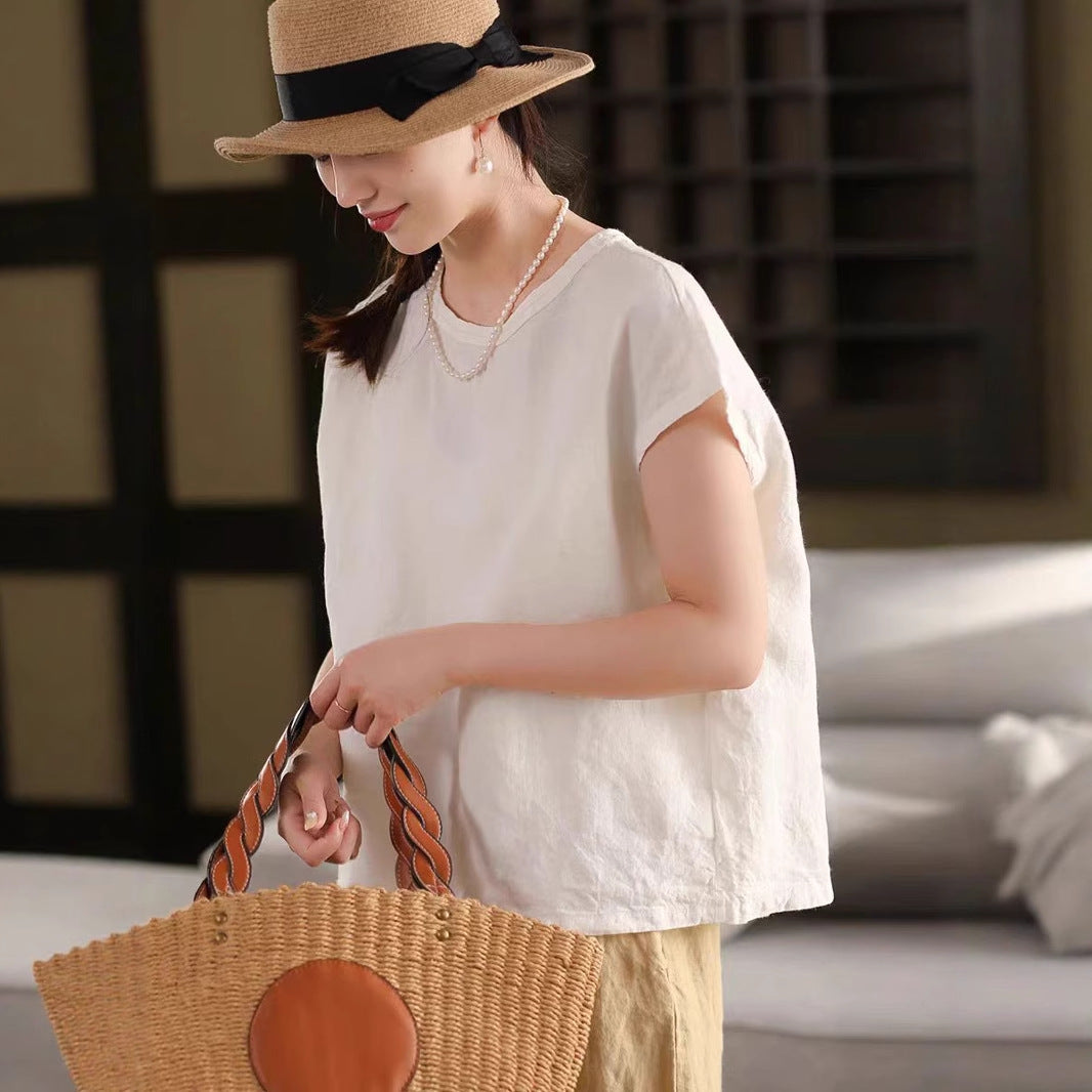 Hemp Top Retro Crew Neck Short Sleeve Loose Solid Color Versatile Literary T-Shirt