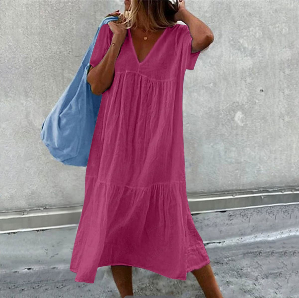 Chic Cotton Linen Mid-Length Dress for Women Round Neck Short Sleeve Casual Style