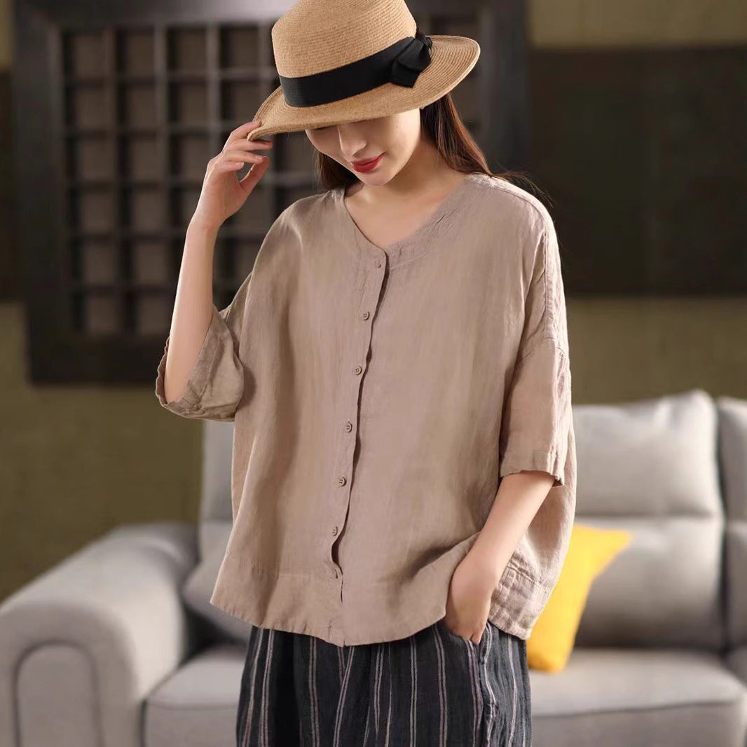Vintage Thick Linen Mid-Sleeve Shirt Women's Elegant Single-Breasted Blouse Literary Solid Color Top