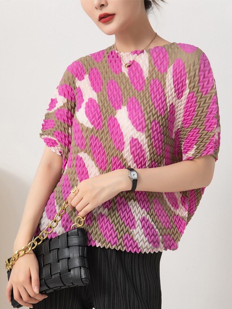 Pleated Color Block T-shirt Women Summer Short Batwing Sleeves Plaid Printing Chic Shirt Female Fashion Top