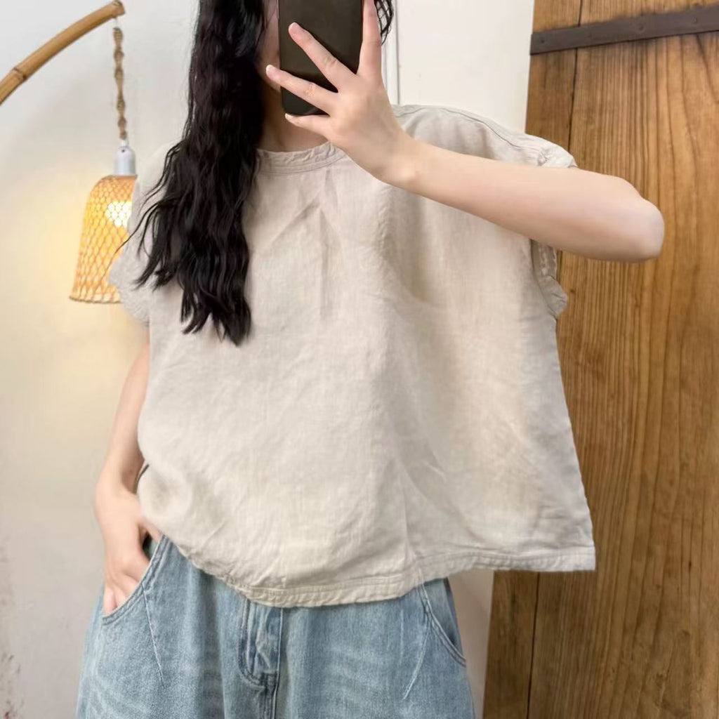Heavyweight Hemp Blouse Shirt Casual Loose Mid-Sleeve Pullover Literary White Slimming
