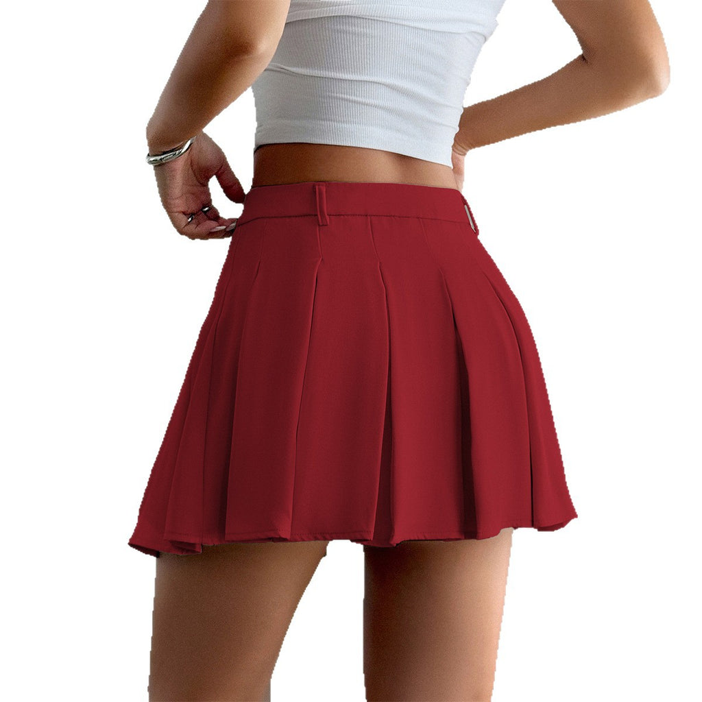 Solid color pleated half skirt with waistband for women's wear