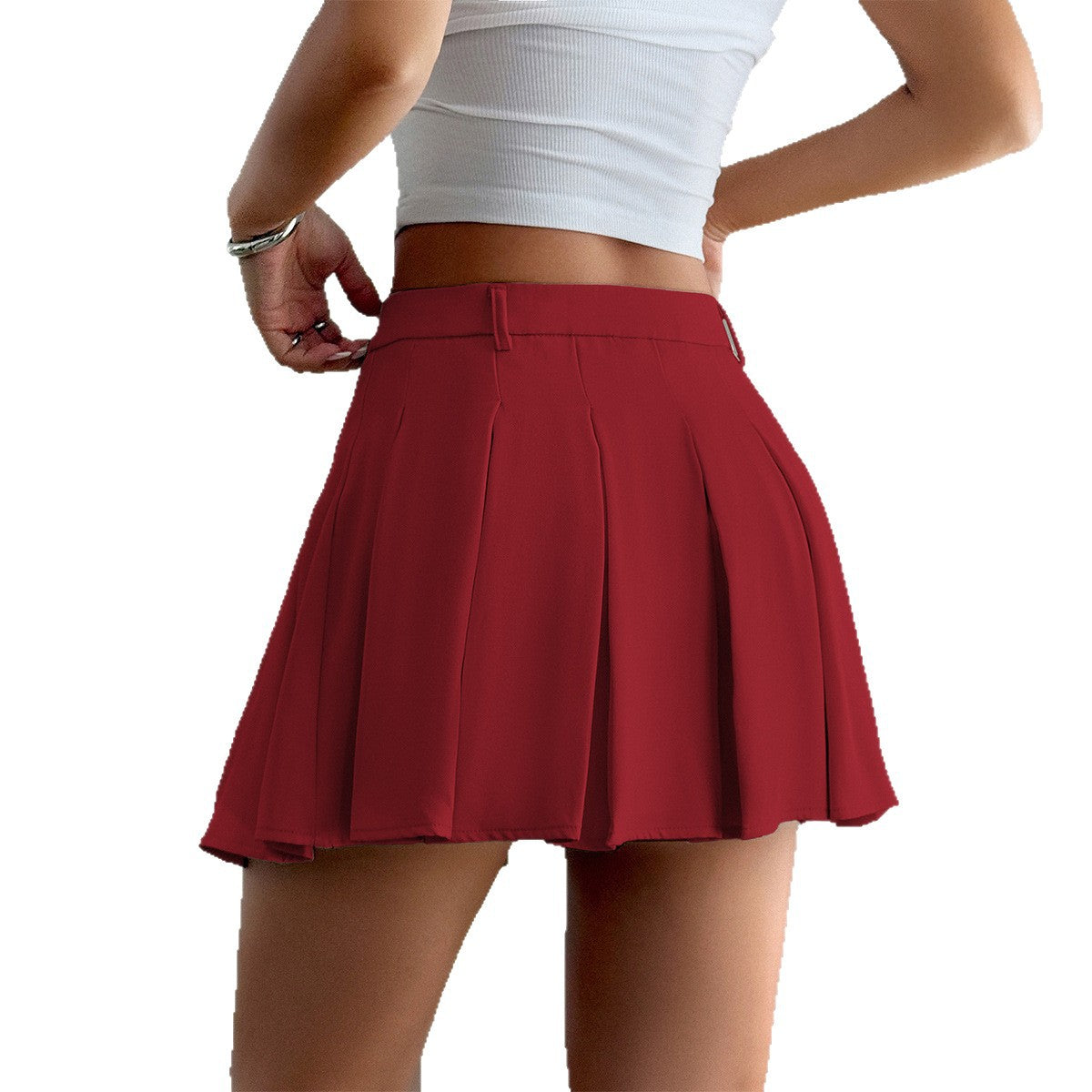 Solid color pleated half skirt with waistband for women's wear