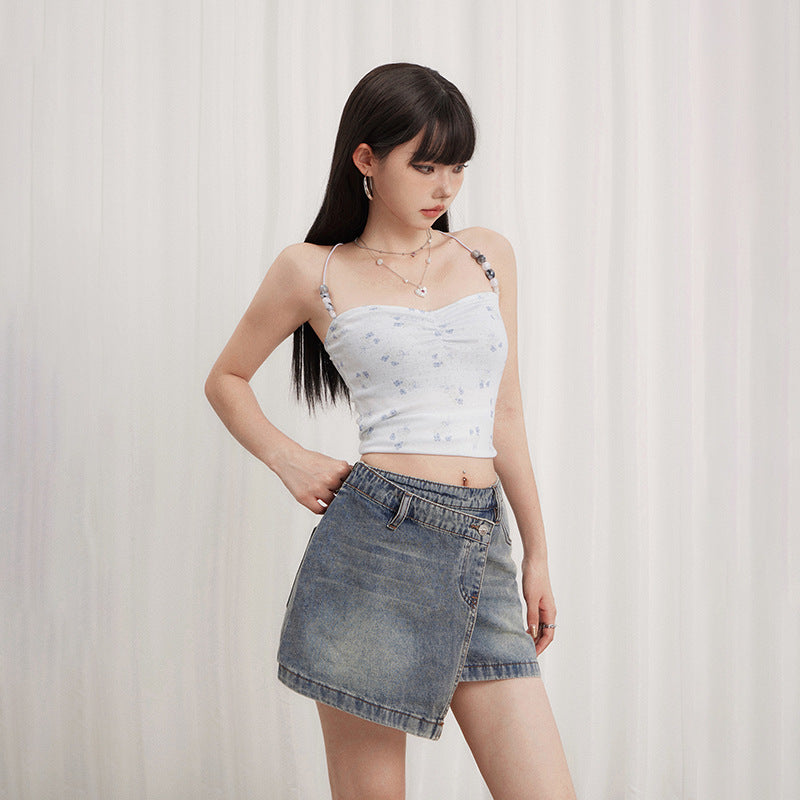 Spicy Girl Irregular Design Versatile Denim Skirt Women A-line Anti-peeking Short Skirt