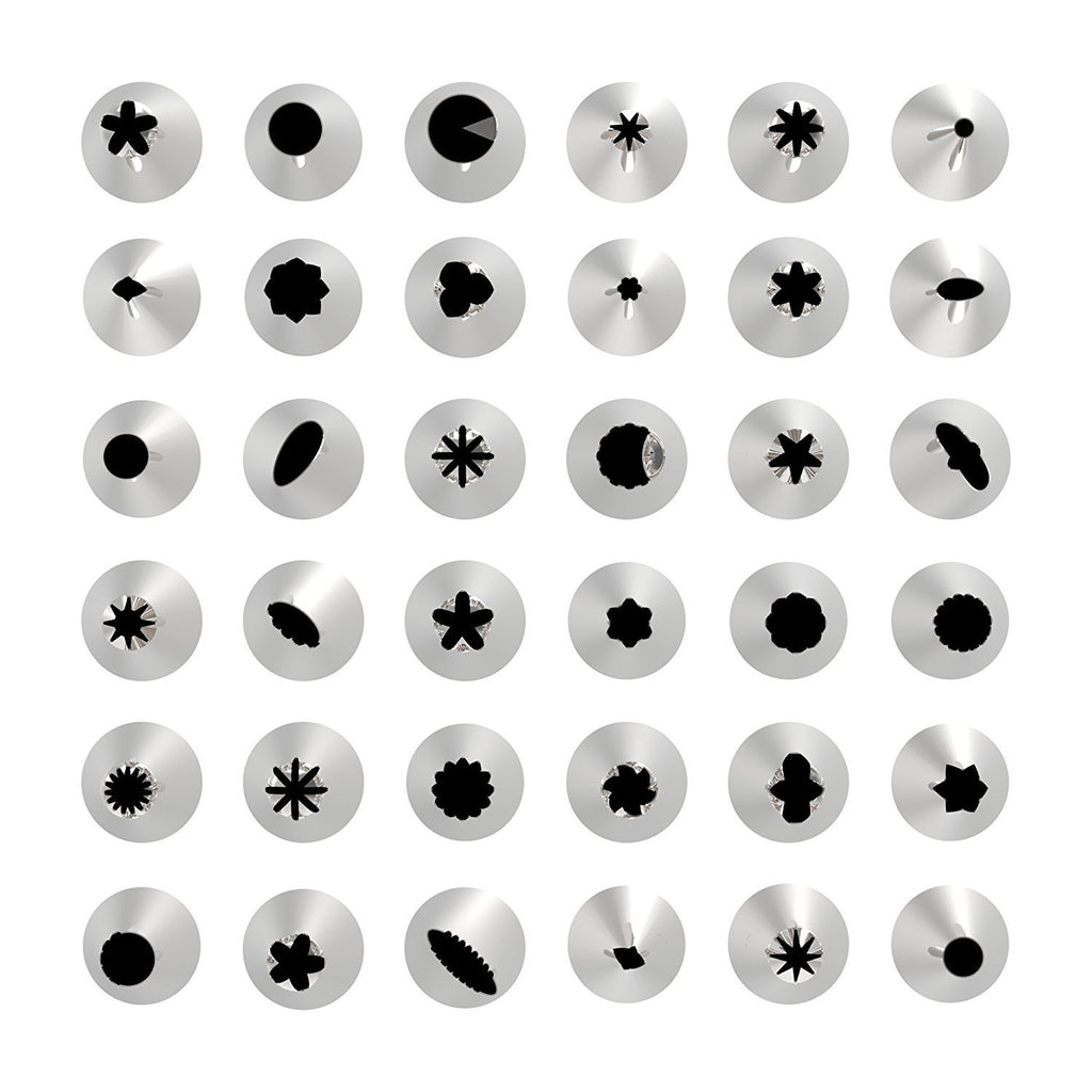 Conjunto de 72 peças numeradas de bicos de pasteleiro, incluindo saco de pasteleiro e utensílios para decoração de bolos e doces.